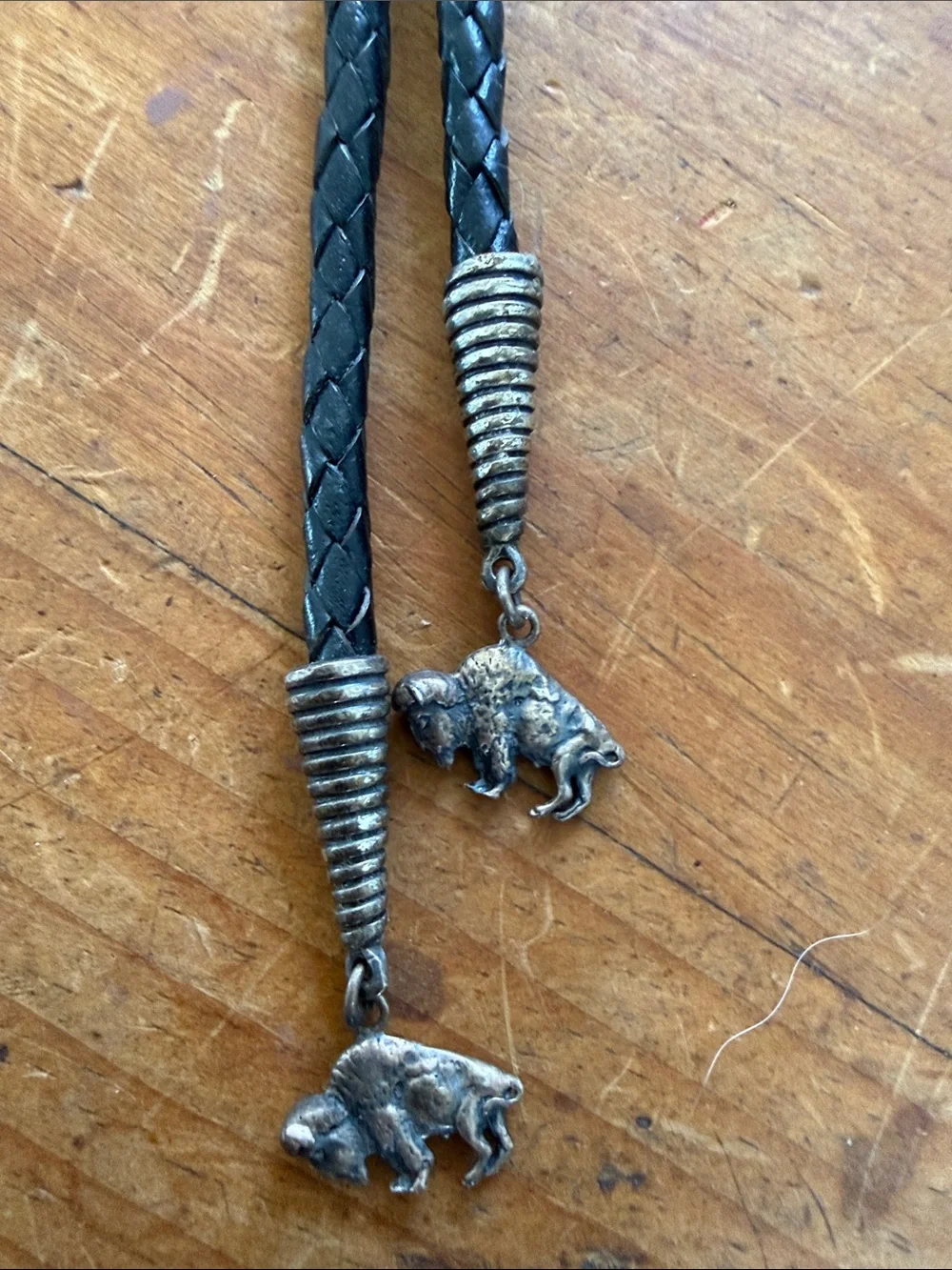 Vintage R. Sereno Sterling Silver Buffalo Skull Bolo Tie Western Leather  925